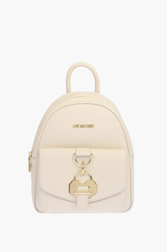 Moschino Love Solid Color Faux Leather Backpack With Golden Details In Blue