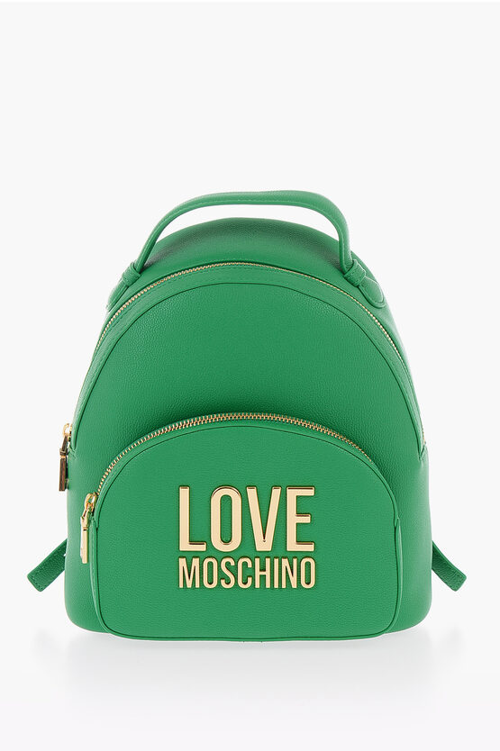 Moschino Love Solid Color Faux Leather Backpack With Golden Logo In Burgundy