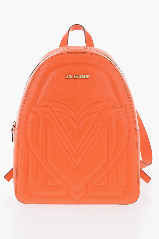 Moschino Love Solid Color Faux Leather Backpack With Golden Logo In Metallic