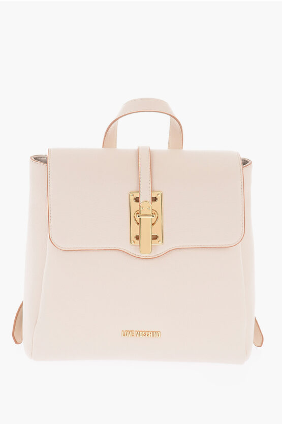 Moschino Love Solid Color Faux Leather Backpack With Golden Logo In Neutral