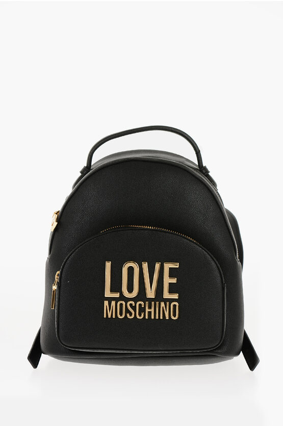 Moschino Love Solid Color Faux Leather Backpack With Golden Logo In Blue