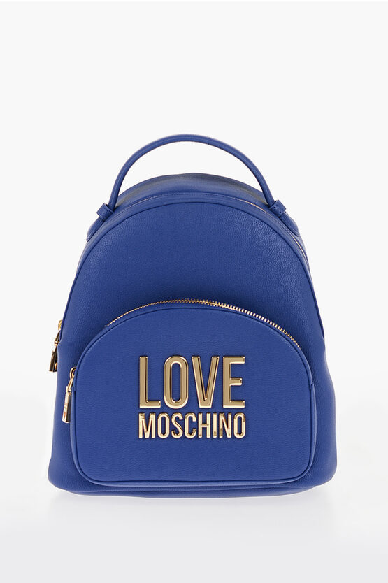 Moschino Love Solid Color Faux Leather Backpack With Golden Logo In Black