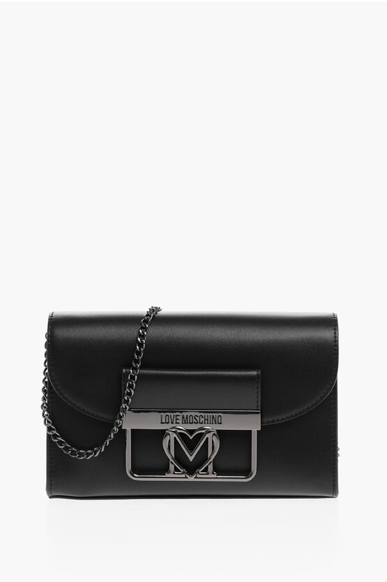 Moschino Love Solid Color Faux Leather Bag With Chain Shoulder Straps In Black