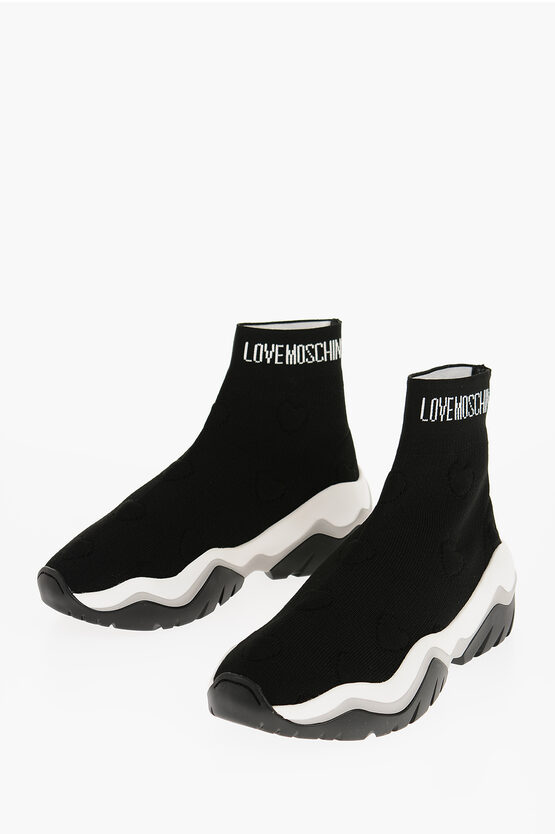 Moschino Love Solid Color Roller45 Sock Sneakers With Embossed Hearts In White