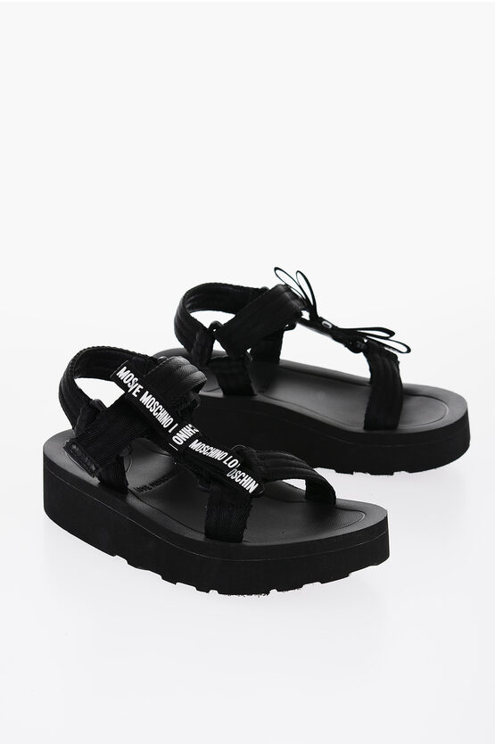 Moschino Love Solid Color Sandals With Touch Strap Closure And Logoed In Black