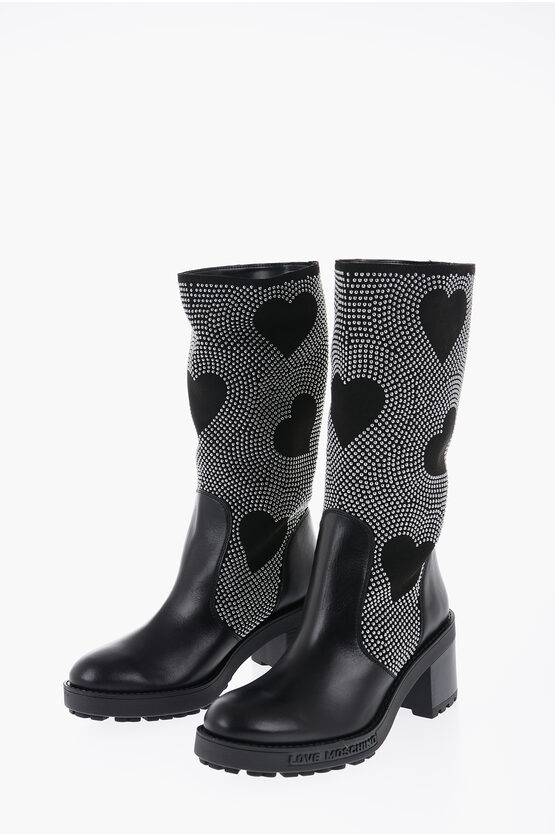 Moschino Love Studded High-boots With Leather Details 8cm In Gray