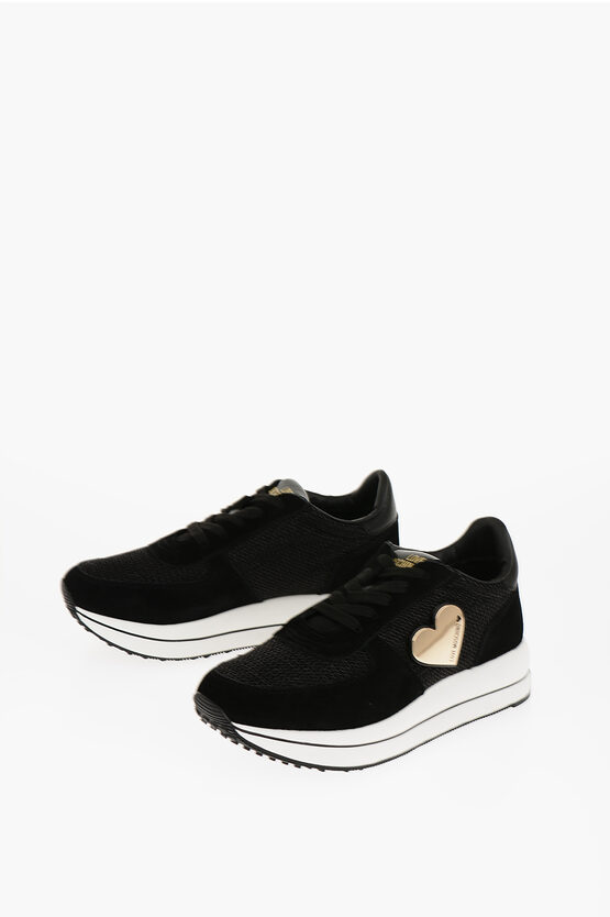 Moschino Love Suede And Fabric Run40 Sneakers With Golden Heart In Black