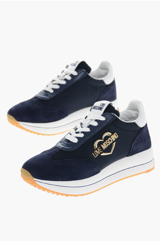 Moschino Love Suede And Fabric Run40 Trainers With Golden Metal Logo In Blue
