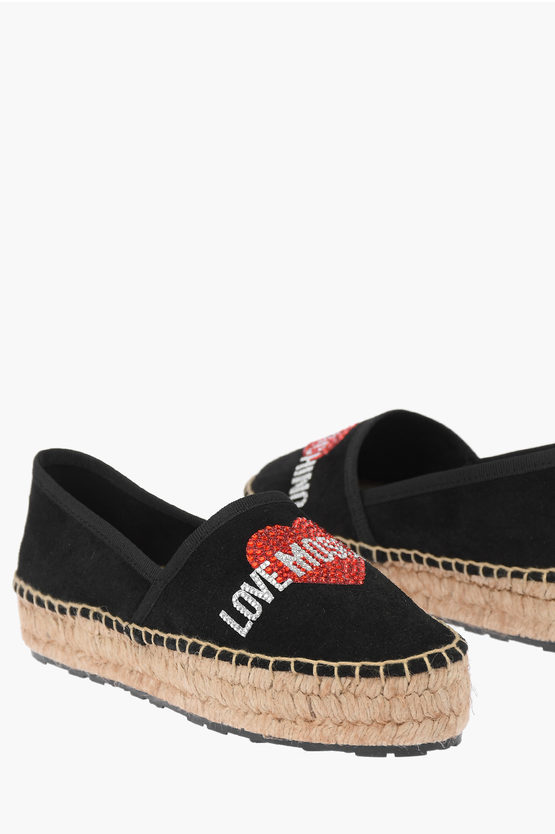 LOVE Suede Leather Platform Espadrilles with Strass Logo 4cm