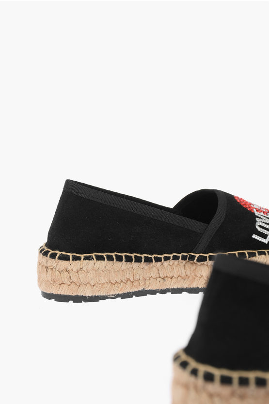 LOVE Suede Leather Platform Espadrilles with Strass Logo 4cm