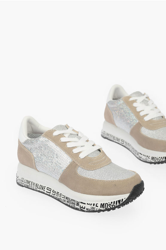 Moschino Love Suede Leather Trainers With Sequins In Neutral