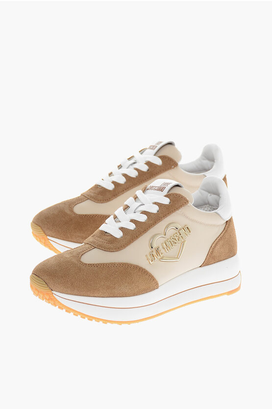 Moschino Love Suede Low Trainers With Golden Logo In Brown
