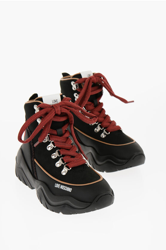 Moschino Love Suede Roller Hiking Boots With Contrast Details In Black