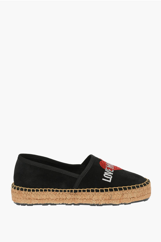 Moschino Love Suede Split Leather Platform Espadrilles With Strass Lo In Black