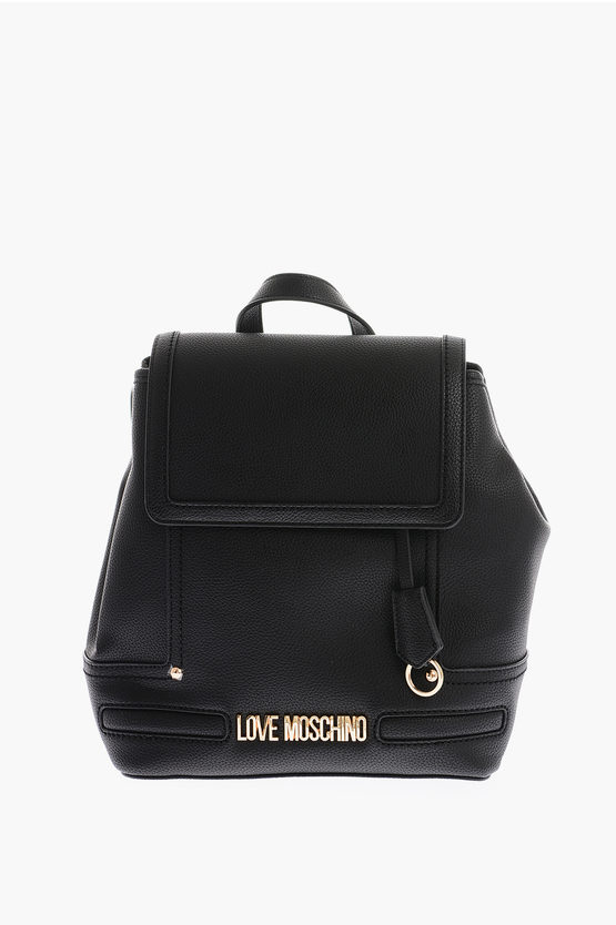 Moschino Love Textured Faux Leather Backpack With Golden Logo In Black