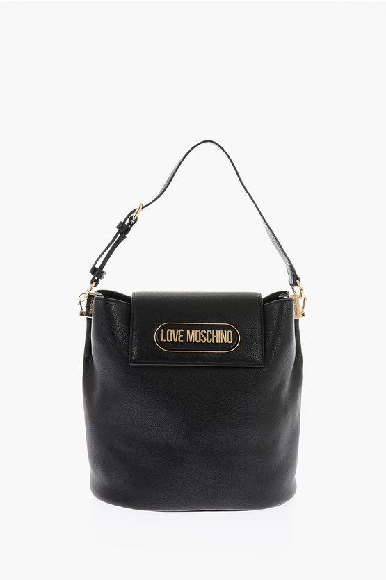 Moschino Love Textured Faux Leather Bucket Bag With Embossed Logo In Black