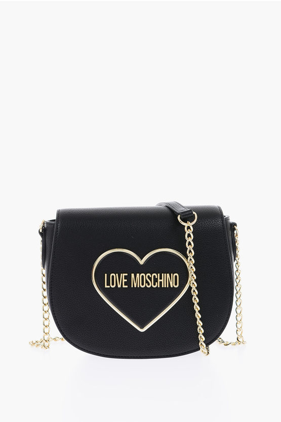 Moschino Love Textured Faux Leather Saddle Bag With Embossed Logo In Black