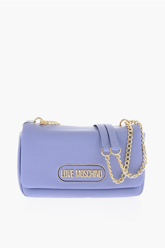 Moschino Love Textured Faux Leather Shoulder Bag With Golden Logo In Blue