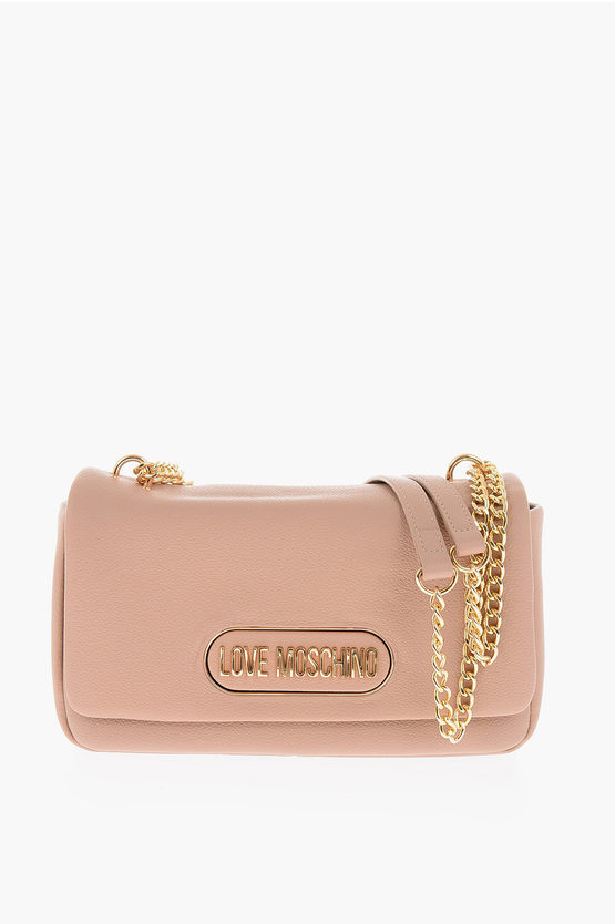 Moschino Love Textured Faux Leather Shoulder Bag With Golden Logo In Neutral