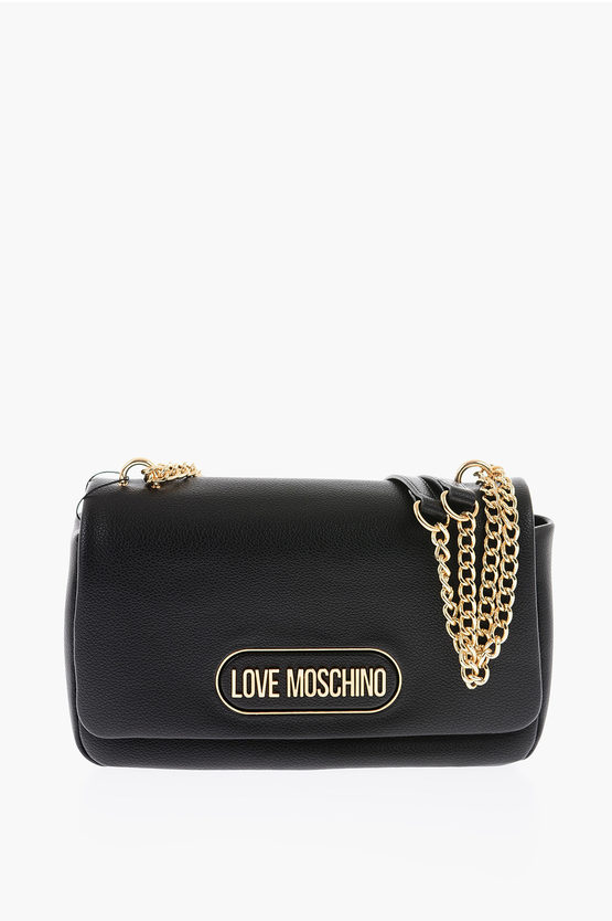 Moschino Love Textured Faux Leather Shoulder Bag With Golden Logo In Black
