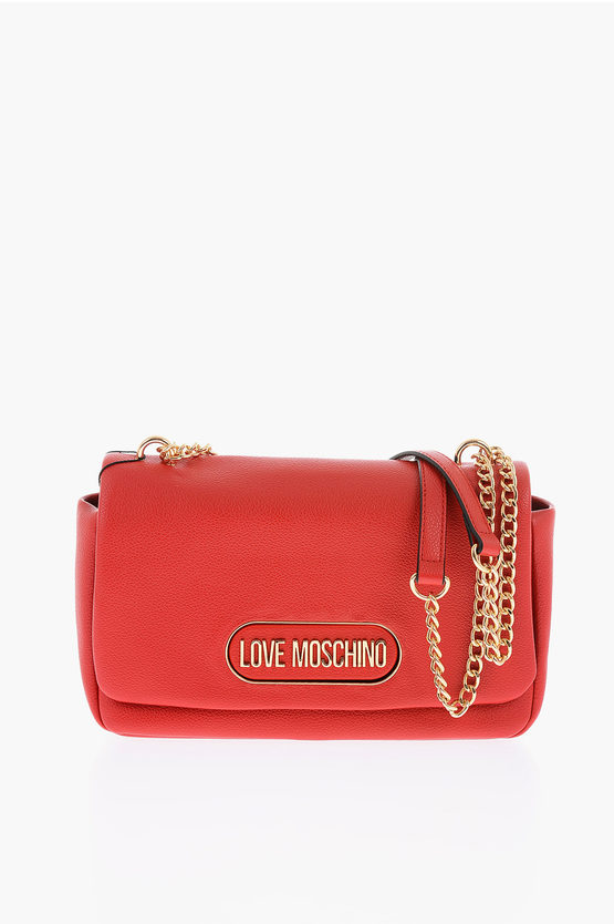 Moschino Love Textured Faux Leather Shoulder Bag With Golden Logo In Red