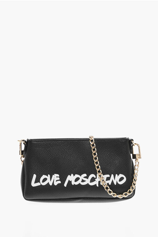 Moschino Love Textured Leather Shoulder Bag With Graffiti-print In Black