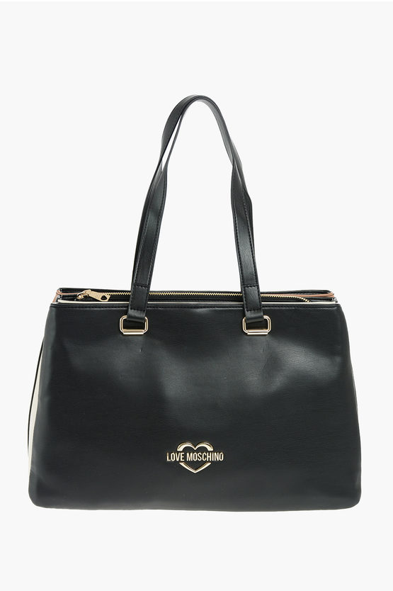 Moschino Love Triple Compartment Faux Leather Tote Bag With Golden Lo In Black
