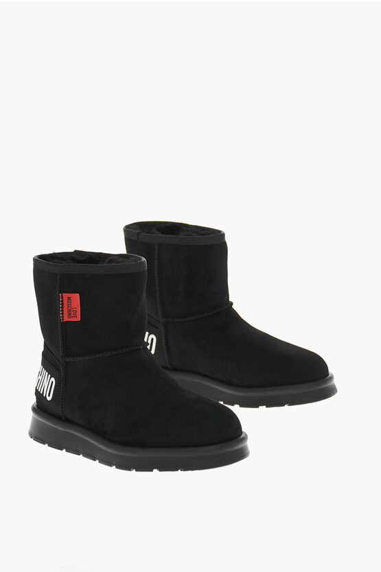 Moschino Love Velour Winter30 Ankle Boots With Printed Logo In Black