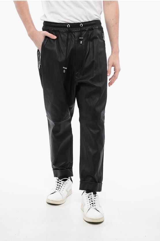 Balmain Low-crotch Leather Trousers With Cuffs In Black