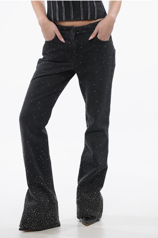 Off-white Low Rise Bling Flared Fit Denims With All-over Rhinestones 2