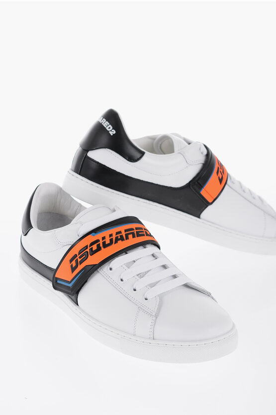 Dsquared2 Low-top Leather Sneakers With Logoed Touch Strap Closure In White