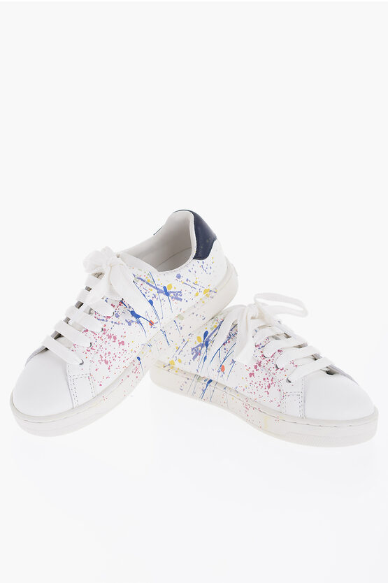 Palm Angels Low-top Leather Trainers With Paint Splatters In White