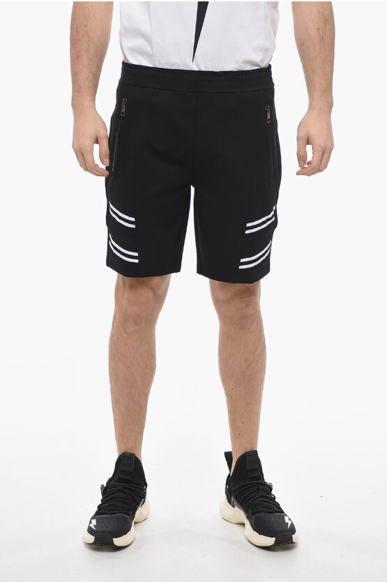 Neil Barrett Low-waist Loose Fit Varsity Shorts With Elastic Inserts In Black