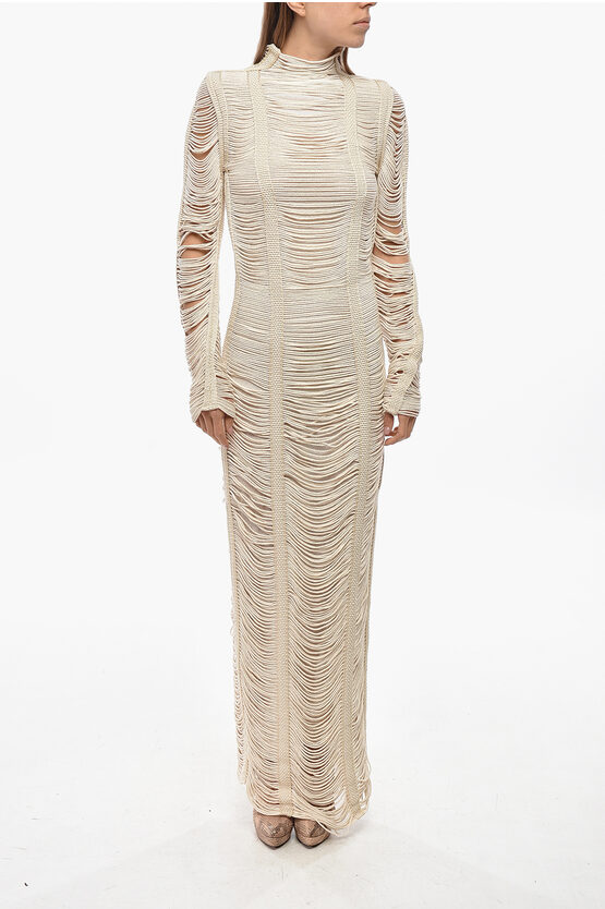 Balmain Ls Macrame Knit Long Dress In Neutral