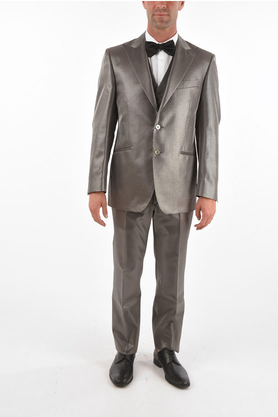 Corneliani Lurex 3-piece Waistcoat Suit With Peak Lapel In Metallic
