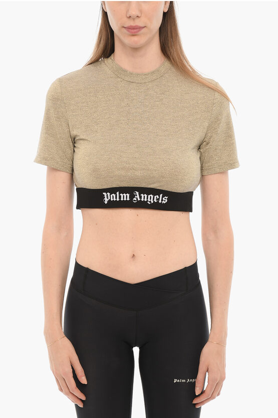 Shop Palm Angels Lurex Crop T-shirt With Logoed Band