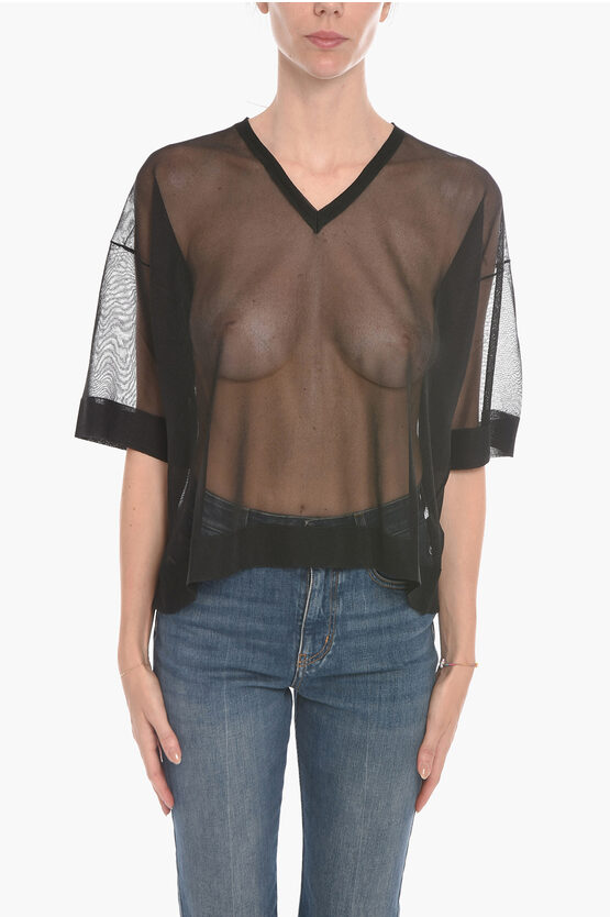 Altea Lurex-mesh Short-sleeved Blouse With V Neckline In Black