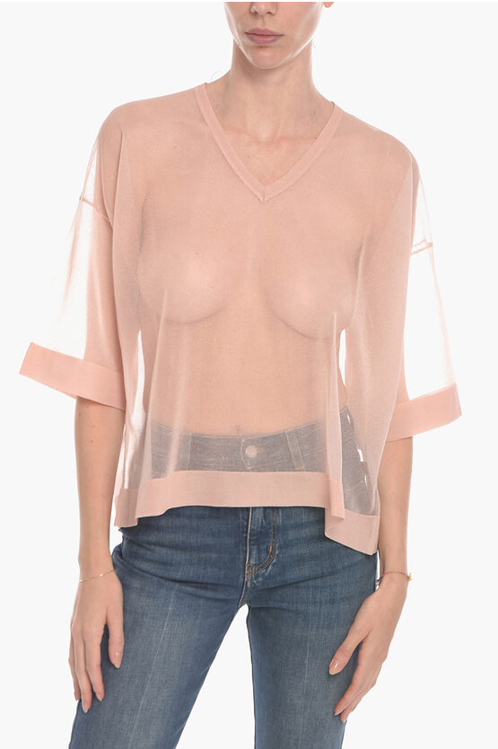 Altea Lurex-mesh Short-sleeved Blouse With V Neckline In Pink