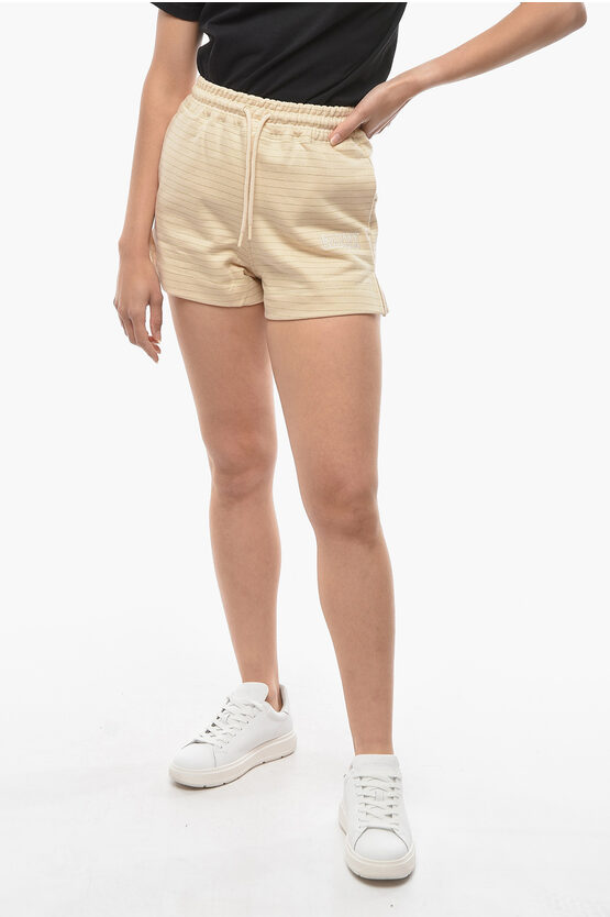 Ganni Lurex Striped Sweat Shorts With Embroidered Logo In Neutral