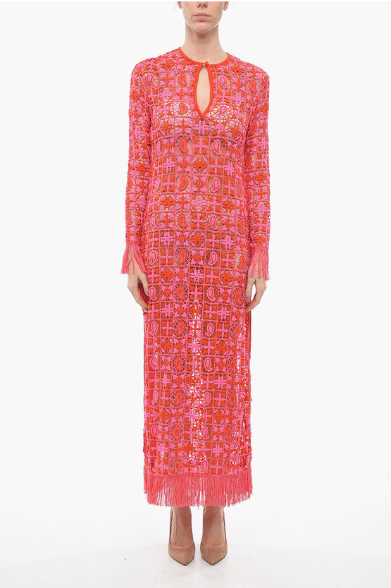 Etro Macramé Long Dress With Fringes In Pink
