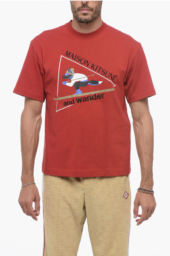 AND WANDER MAISON KITSUNE' FRONT PRINTED CREW-NECK T-SHIRT 