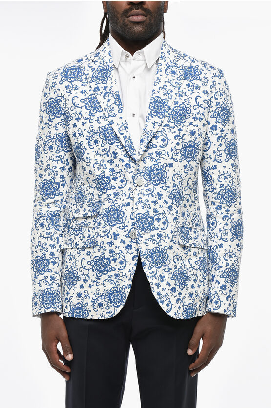 Junya Watanabe By Comme De Garcons Man Patterned Linen 3-button Blazer In Blue