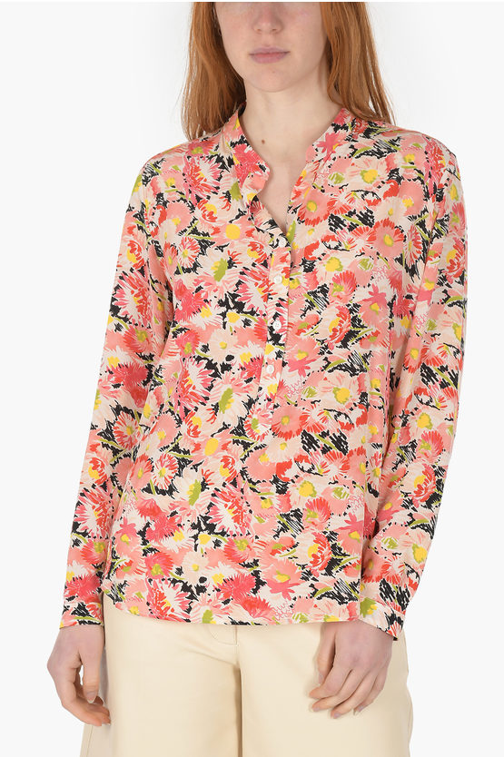 Stella Mccartney Mandarin Collar Floral Patterned Silk Shirt In Brown