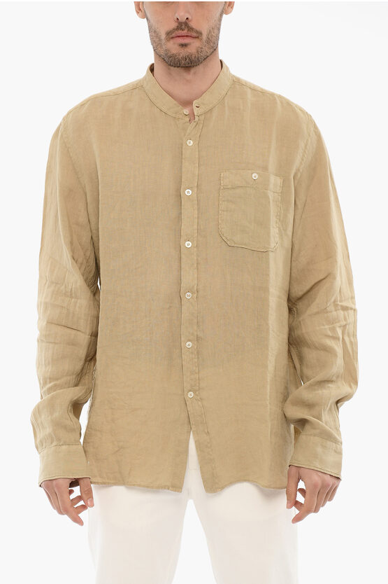 Woolrich Mandarin Collar Linen Shirt In Brown