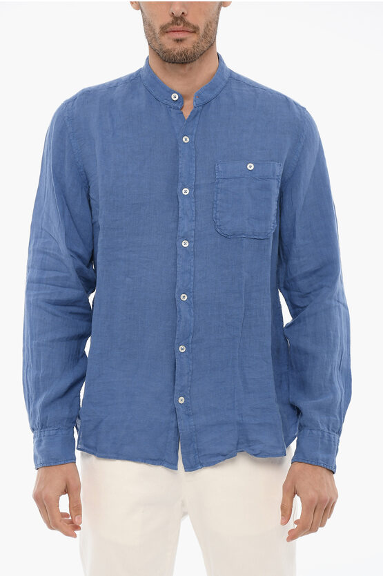 Woolrich Mandarin Collar Linen Shirt In Blue
