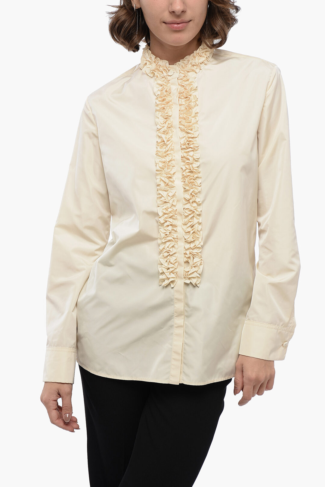 Jil Sander Mandarin Collar Nylon Shirt with Ruffled Detail women