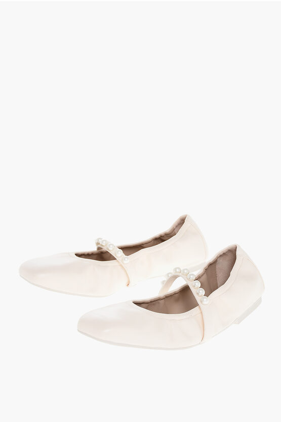 Stuart Weitzman Mary Jane Goldie Ballet Flats With Decorative Pearls In White