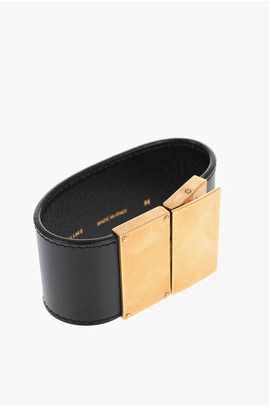 Celine Maxi Band Leather Bracelet In Black