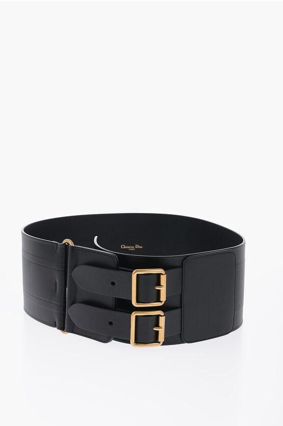 Shop Dior Maxi Leather Waist Belt With Double Golden Buckle 100mm