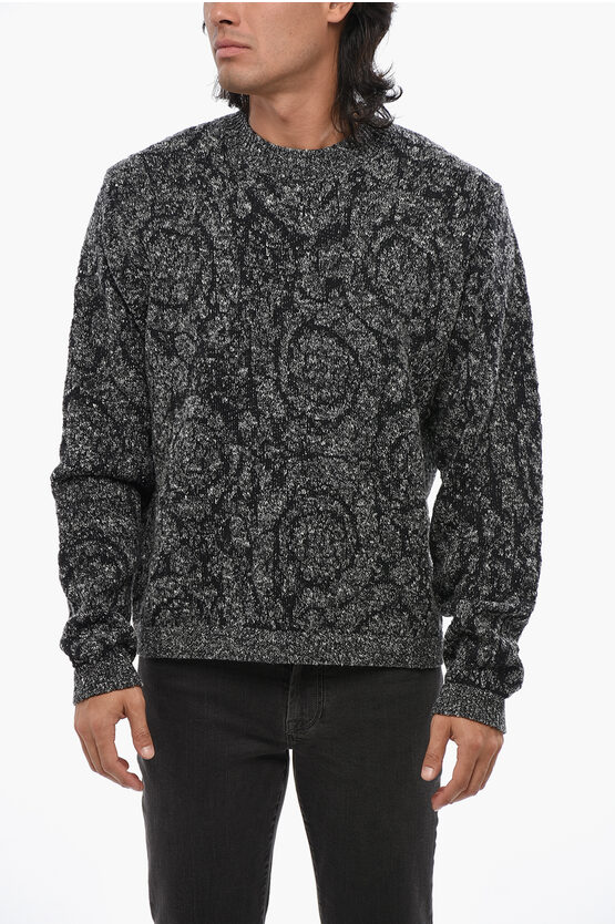Versace Melange Crew-neck Sweater With Baroque Motif In Multi